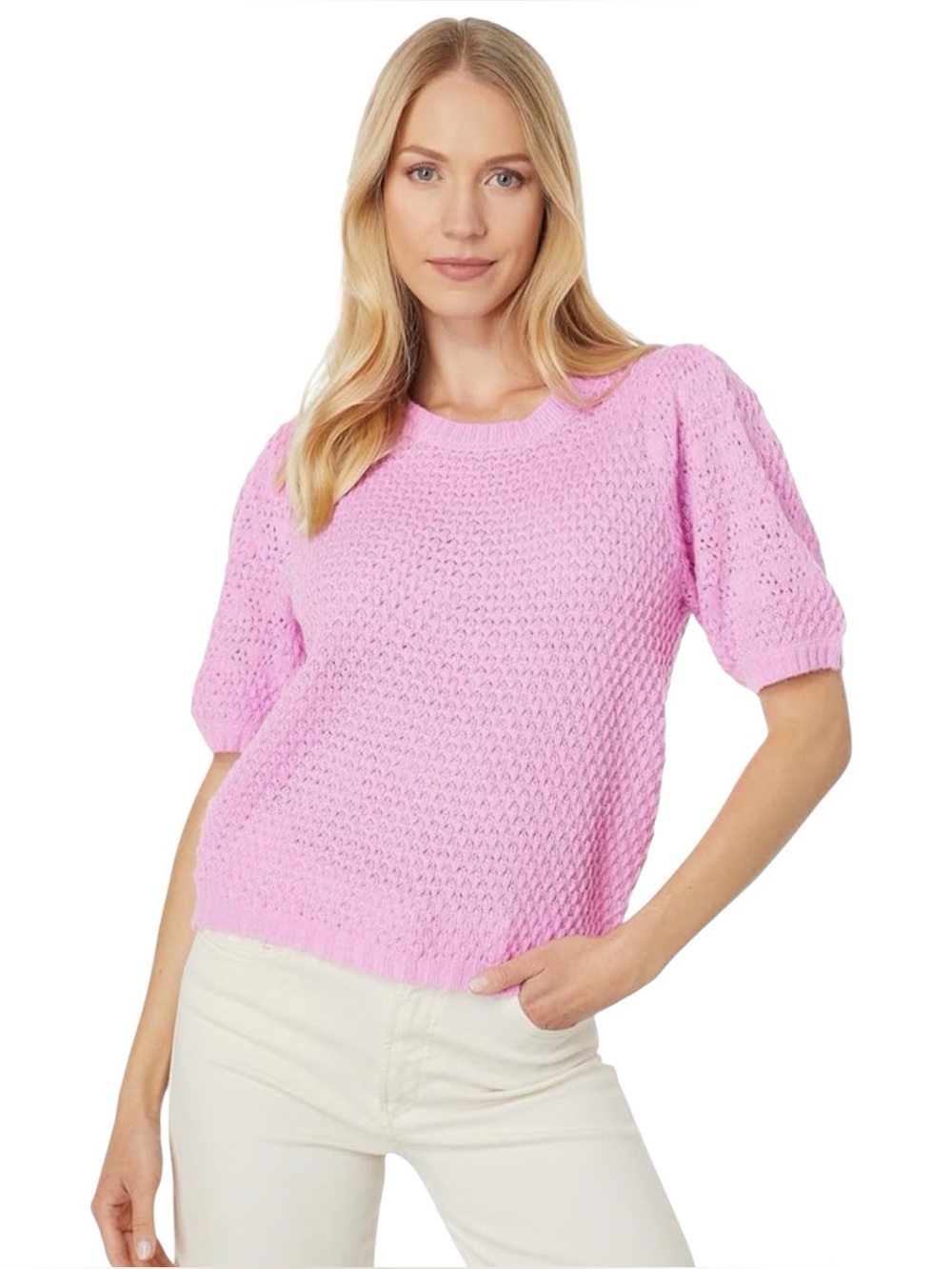 Saltwater Luxe Doc Open Knit Crewneck Sweater Short Puff Sleeve Peony Pink Small